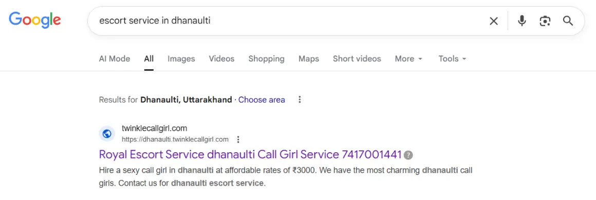 screenshot result keyword type on google 'twinkle escort service in dhanaulti'